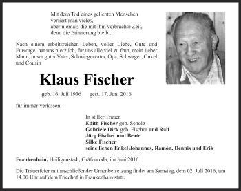 Traueranzeige von Klaus Fischer von Thüringer Allgemeine