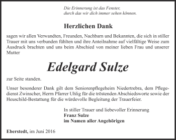 Traueranzeige von Edelgard Sulze von Thüringer Allgemeine, Thüringische Landeszeitung