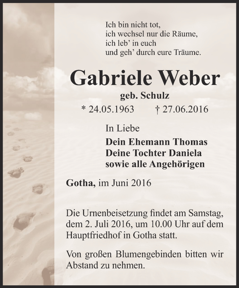  Traueranzeige für Gabriele Weber vom 29.06.2016 aus Ostthüringer Zeitung, Thüringische Landeszeitung