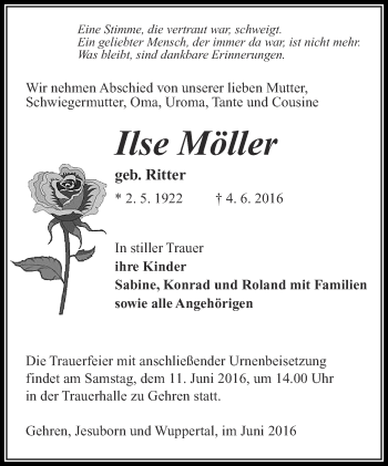 Traueranzeige von Ilse Möller von Thüringer Allgemeine