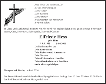 Traueranzeige von Elfriede Hess von Ostthüringer Zeitung, Thüringische Landeszeitung