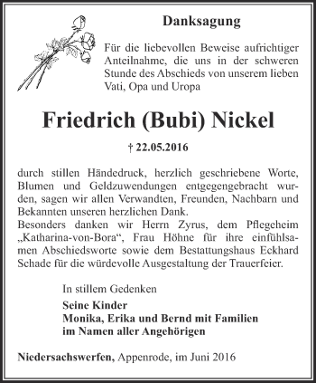 Traueranzeige von Friedrich Nickel von Thüringer Allgemeine