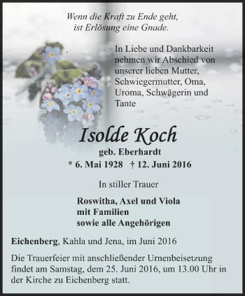 Traueranzeige von Isolde Koch von Ostthüringer Zeitung, Thüringische Landeszeitung