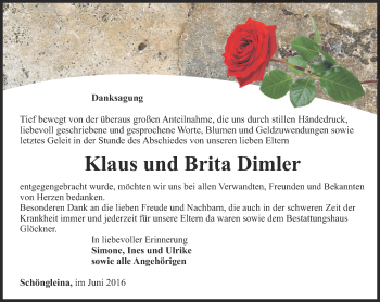 Traueranzeige von Klaus und Brita Dimler von Ostthüringer Zeitung