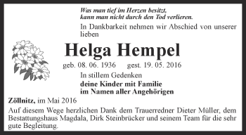 Traueranzeige von Helga Hempel von Thüringer Allgemeine, Thüringische Landeszeitung