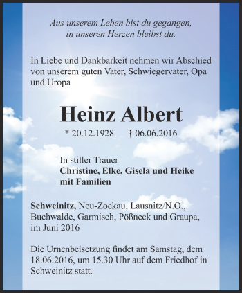 Traueranzeige von Heinz Albert von Ostthüringer Zeitung