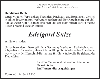 Traueranzeige von Edelgard Sulze von Thüringer Allgemeine, Thüringische Landeszeitung