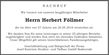 Traueranzeige von Herbert Föllmer von Thüringer Allgemeine