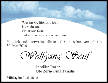 Traueranzeige von Wolfgang Senf von Ostthüringer Zeitung, Thüringische Landeszeitung