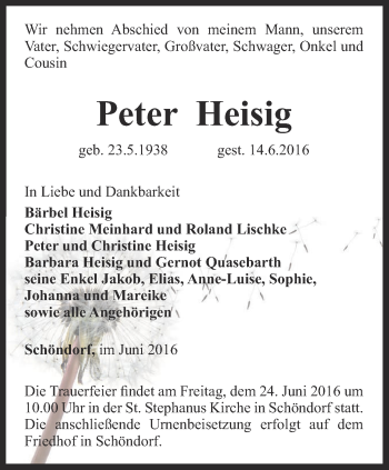 Traueranzeige von Peter Heisig von Thüringer Allgemeine, Thüringische Landeszeitung