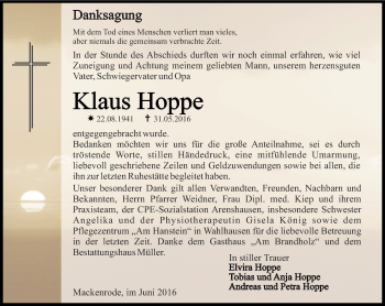 Traueranzeige von Klaus Hoppe von Thüringer Allgemeine