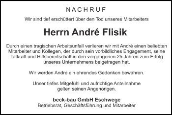 Traueranzeige von André Flisik von Thüringer Allgemeine, Thüringische Landeszeitung