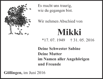 Traueranzeige von Mikki  von Thüringer Allgemeine