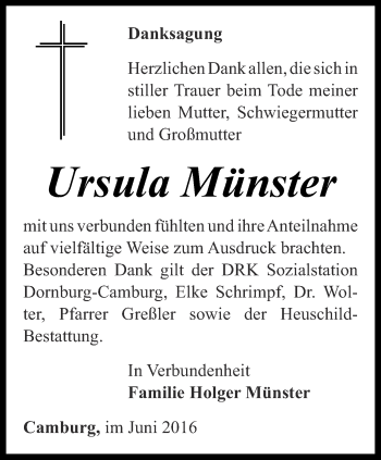 Traueranzeige von Ursula Münster von Ostthüringer Zeitung, Thüringische Landeszeitung