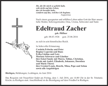 Traueranzeige von Edeltraud Zacher von Thüringer Allgemeine