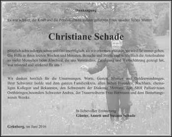 Traueranzeige von Christiane Schade von Ostthüringer Zeitung