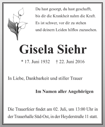 Traueranzeige von Gisela Siehr von Thüringer Allgemeine, Thüringische Landeszeitung