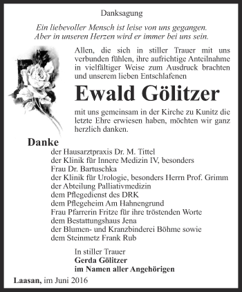 Traueranzeige von Ewald Gölitzer von Ostthüringer Zeitung, Thüringische Landeszeitung