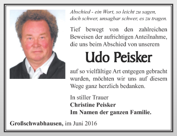 Traueranzeige von Udo Peisker von Ostthüringer Zeitung, Thüringische Landeszeitung