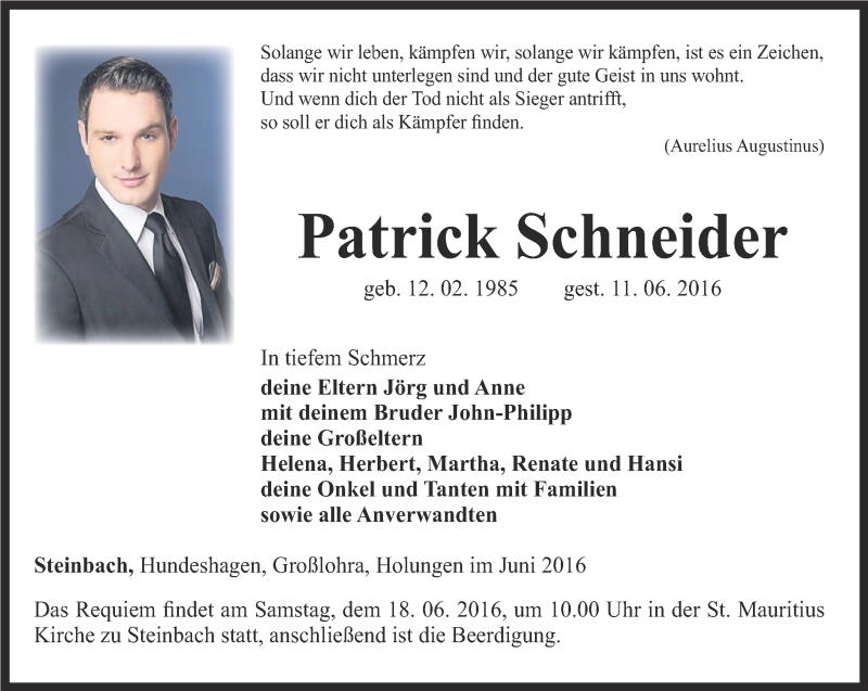  Traueranzeige für Patrick Schneider vom 15.06.2016 aus Thüringer Allgemeine