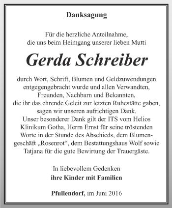 Traueranzeige von Gerda Schreiber von Ostthüringer Zeitung, Thüringische Landeszeitung