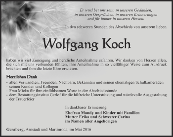 Traueranzeige von Worfgans Koch von Thüringer Allgemeine