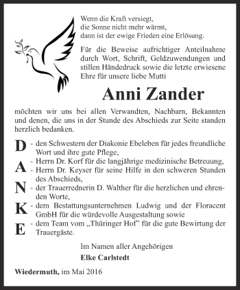 Traueranzeige von Anni Zander von Thüringer Allgemeine