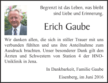 Traueranzeige von Erich Gaube von Ostthüringer Zeitung