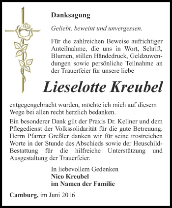 Traueranzeige von Lieselotte Kreubel von Ostthüringer Zeitung, Thüringische Landeszeitung