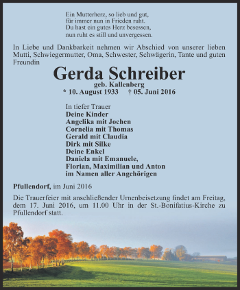Traueranzeige von Gerda Schreiber von Ostthüringer Zeitung, Thüringische Landeszeitung