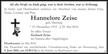 Traueranzeige von Hannelore Zeise von Thüringer Allgemeine