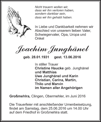 Traueranzeige von Joachim Junghänel von Thüringer Allgemeine, Thüringische Landeszeitung