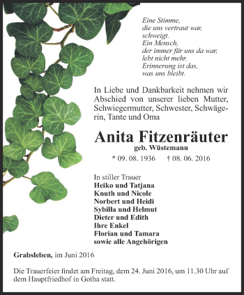 Traueranzeige von Anita Fitzenräuter von Ostthüringer Zeitung, Thüringische Landeszeitung