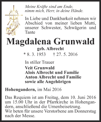 Traueranzeige von Magdalena Grunwald von Thüringer Allgemeine