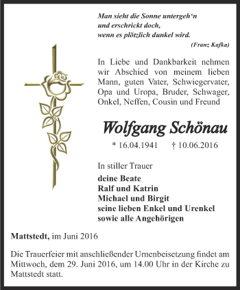 Traueranzeige von Wolfgang Schönau von Thüringer Allgemeine, Thüringische Landeszeitung