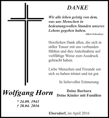 Traueranzeige von Wolfgang Horn von Ostthüringer Zeitung