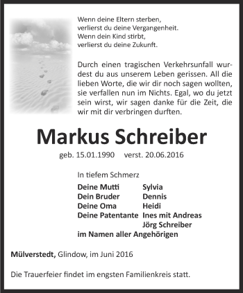 Traueranzeige von Markus Schreiber von Thüringer Allgemeine, Thüringische Landeszeitung