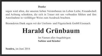 Traueranzeige von Harald Grünbaum von Thüringer Allgemeine, Thüringische Landeszeitung