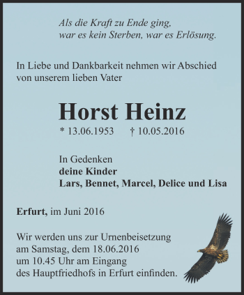 Traueranzeige von Horst Heinz von Thüringer Allgemeine, Thüringische Landeszeitung