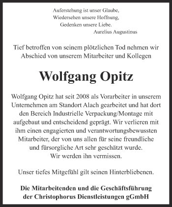 Traueranzeige von Wolfgang Opitz von Thüringer Allgemeine, Thüringische Landeszeitung