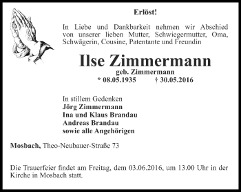 Traueranzeige von Ilse Zimmermann von Thüringer Allgemeine, Thüringische Landeszeitung