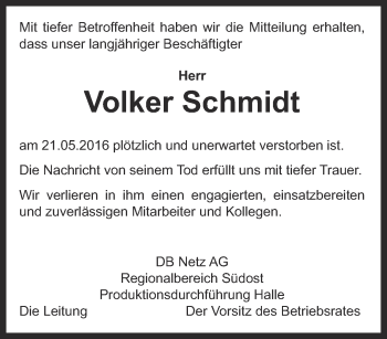 Traueranzeige von Volker Schmidt von Thüringer Allgemeine