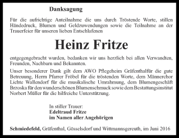 Traueranzeige von Heinz Fritze von Ostthüringer Zeitung