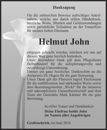 Traueranzeige von Helmut John von Thüringer Allgemeine