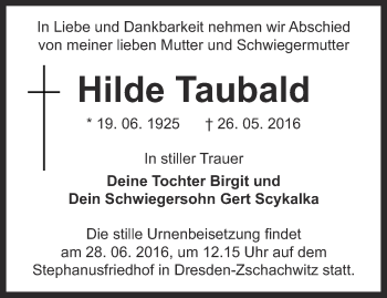 Traueranzeige von Hilde Taubald von Ostthüringer Zeitung