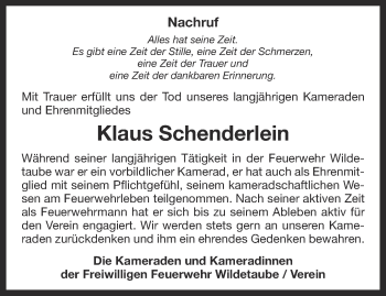 Traueranzeige von Klaus Schenderlein von Ostthüringer Zeitung