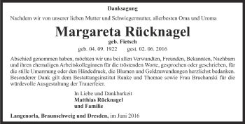 Traueranzeige von Margareta Rücknagel von Ostthüringer Zeitung