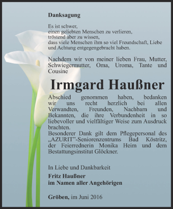 Traueranzeige von Irmgard Haußner von Ostthüringer Zeitung