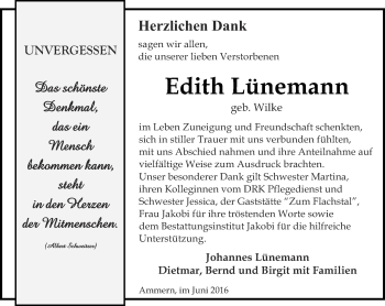 Traueranzeige von Edith Lünemann von Thüringer Allgemeine, Thüringische Landeszeitung