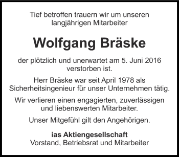 Traueranzeige von Wolfgang Bräske von Thüringer Allgemeine